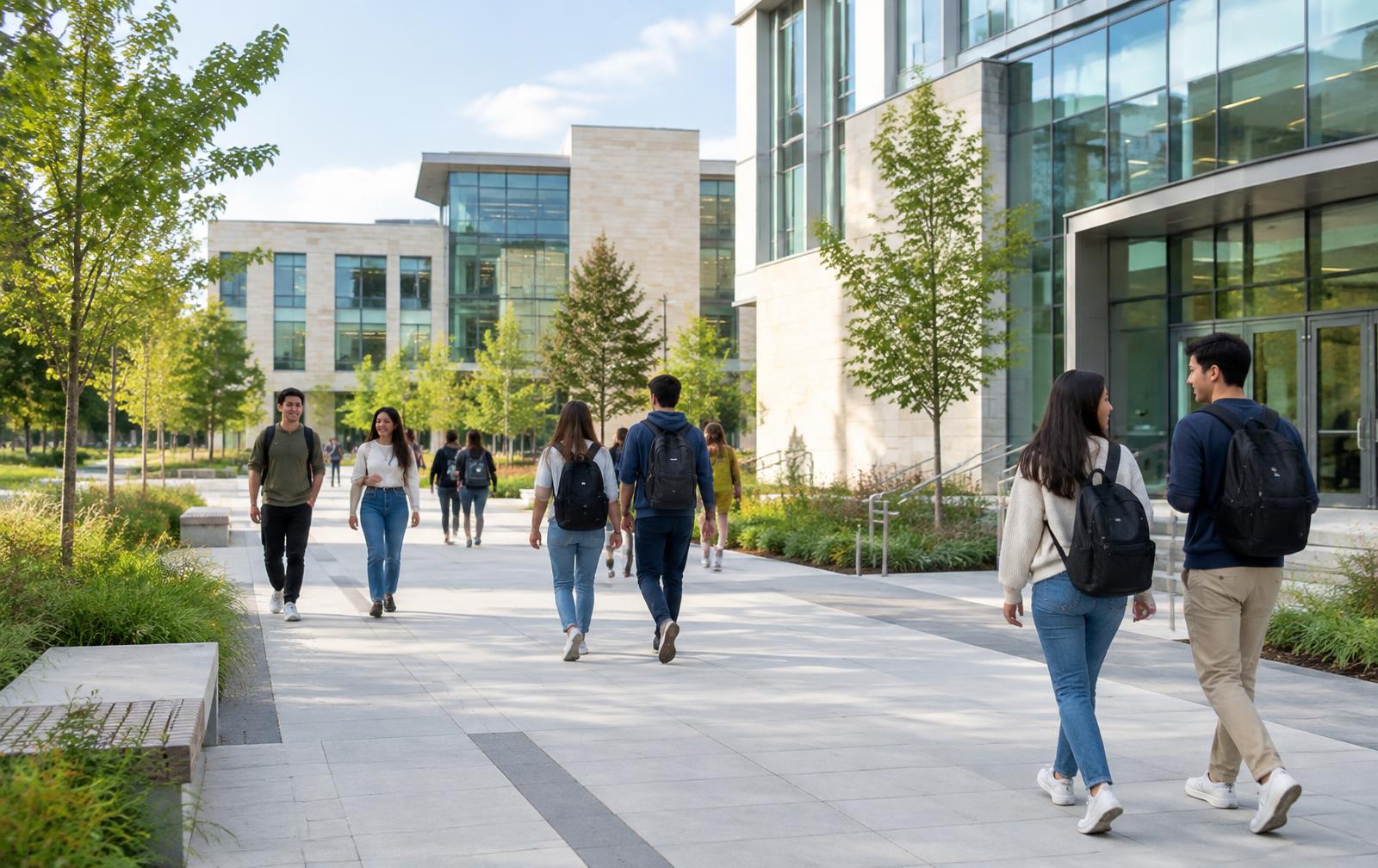 Students walking along a walkway between modern campus buildings in daylight