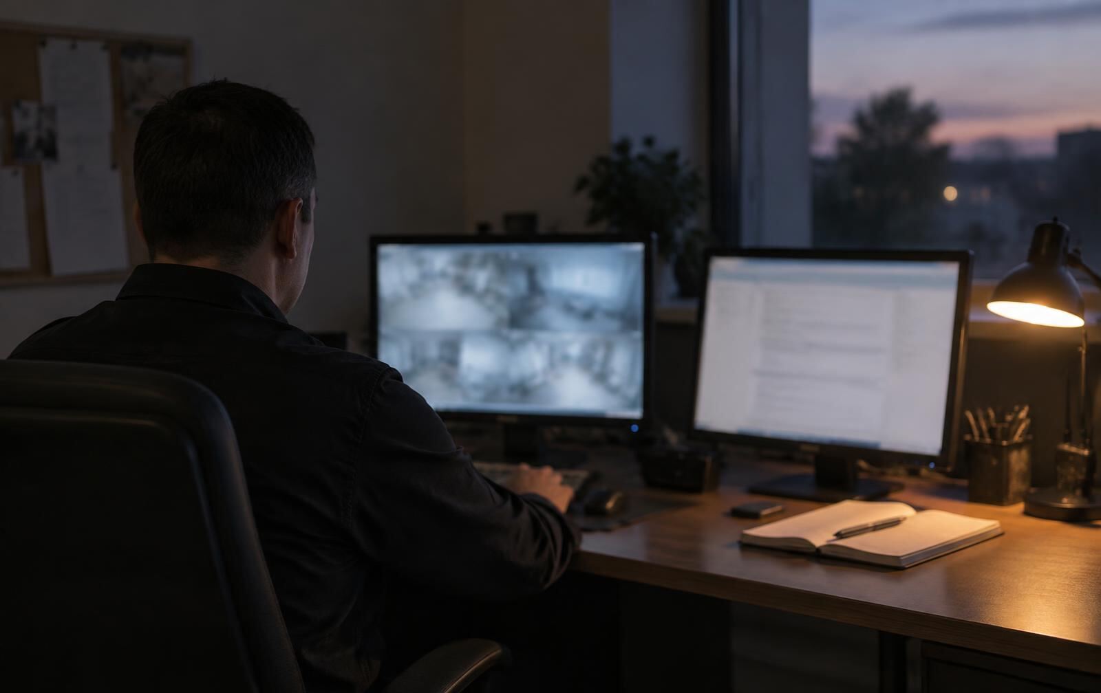 An operator reviewing information at an ordinary two-monitor workstation in the evening